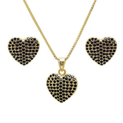 Colar Brinco Conjunto Corações de Micro Zircônia Negra