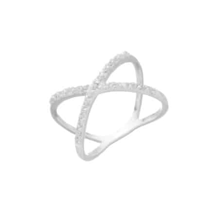 Anel Feminino Formato em X Prata 925 Modelo Moara Cravejado com Micro Zircônias
